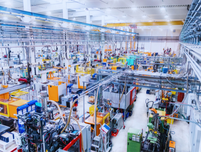Overhead view of an automated manufacturing plant floor used for battery production