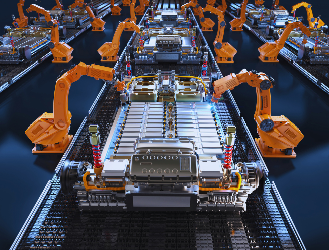 Robotic arms assembling an electric vehicle battery pack on a production line