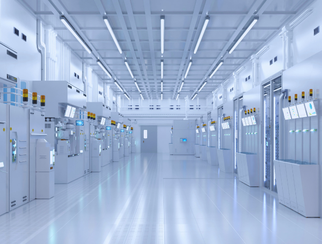 Interior of a semiconductor cleanroom facility with process equipment along both walls