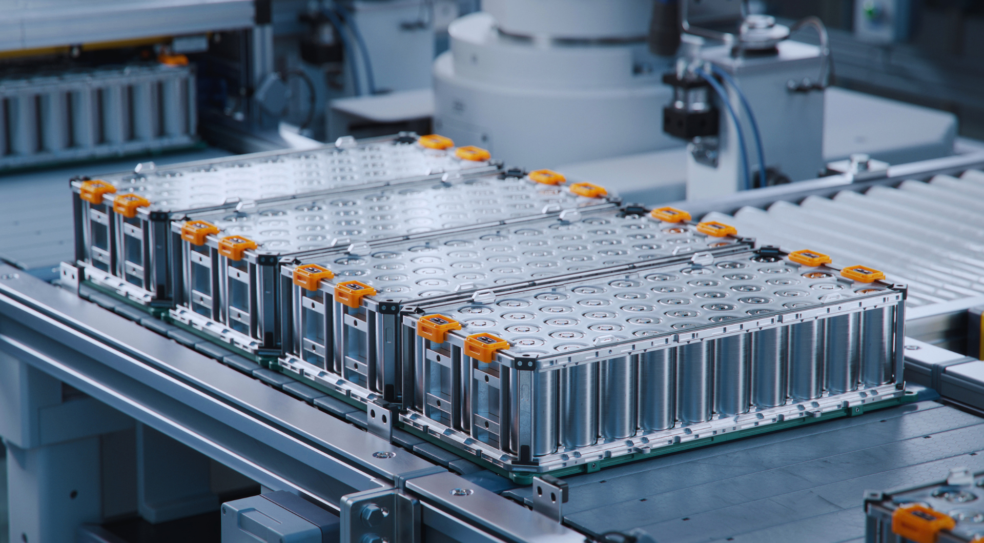 Battery module assembly line in a battery manufacturing facility