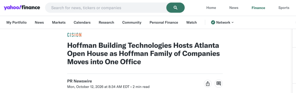Hoffman Building Technologies announcement on Yahoo Finance